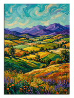 Van Gogh tarzı renkli tarlalar ve mor dağlar manzara tablosu.