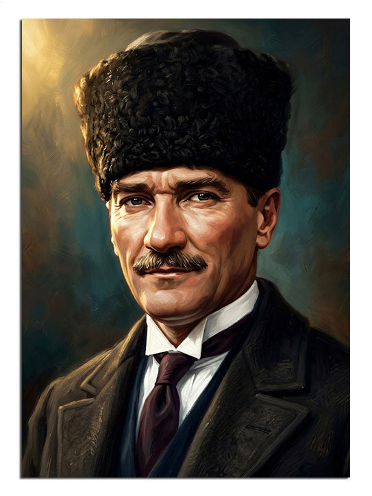 Kalpak ve takım elbiseli Atatürk ciddi portre tablosu.