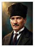 Kalpak ve takım elbiseli Atatürk ciddi portre tablosu.