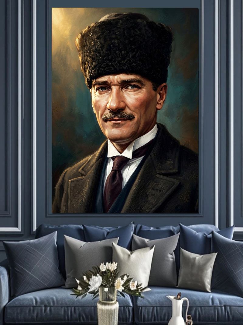 Kalpaklı Atatürk Ciddi Portre Tablosu Kanvas Tablo