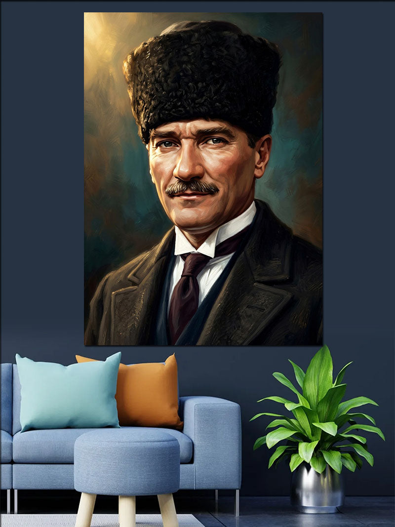 Kalpaklı Atatürk Ciddi Portre Tablosu Kanvas Tablo