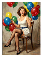 Renkli balonlar arasında beyaz elbiseli pin-up kadın retro tablo.