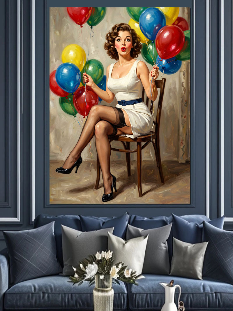 Renkli Balonlu Beyaz Elbiseli Pin-Up Kanvas Tablo