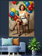 Renkli Balonlu Beyaz Elbiseli Pin-Up Kanvas Tablo