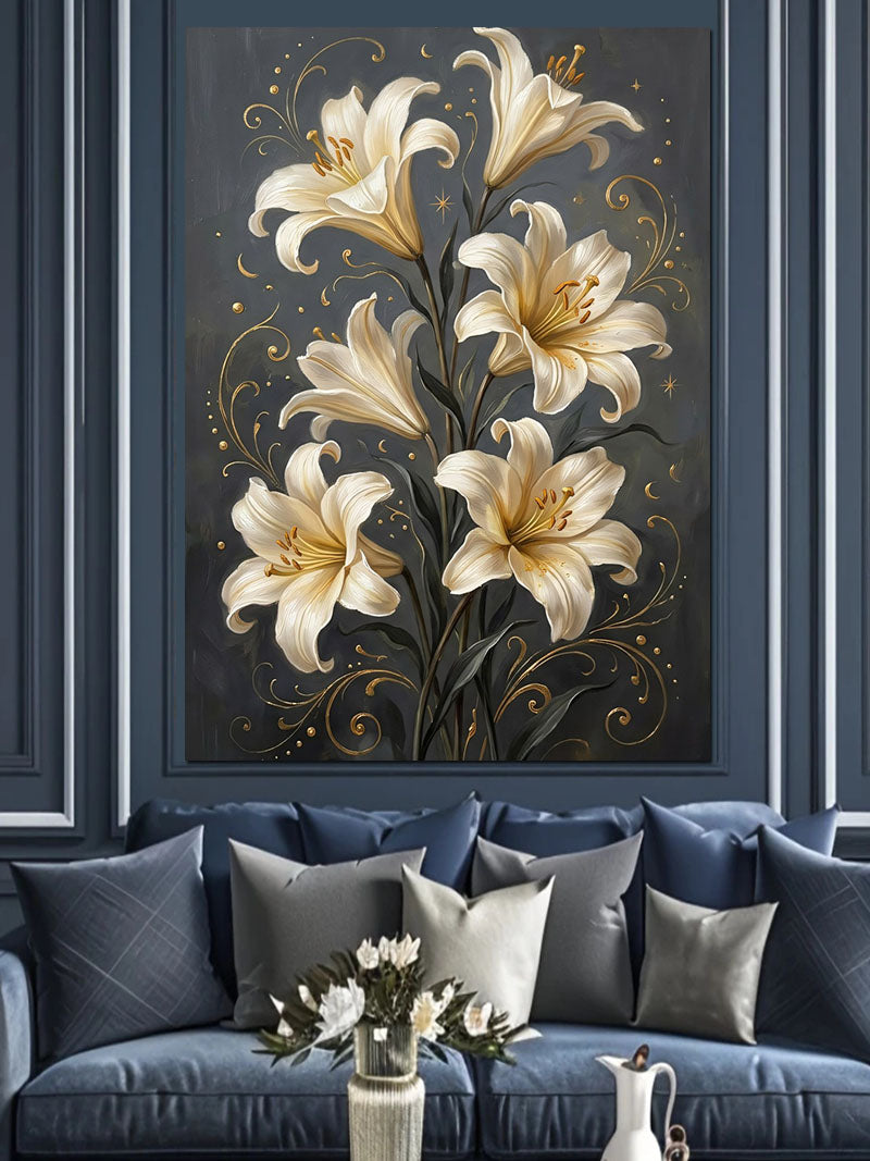 Beyaz Zambak Çiçekleri Koyu Botanik Kanvas Tablo