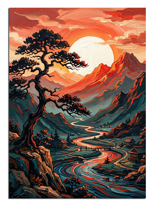 Turuncu gün batımında dağ, nehir ve bonsai ağacı manzara tablosu.
