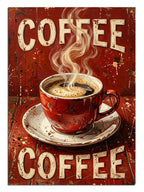 Coffee yazılı buharlı kırmızı kahve fincanı vintage poster tablo.