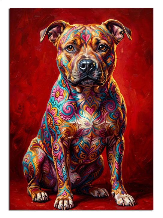 Kırmızı zemin üzerinde renkli desenli pitbull köpek portresi tablo.