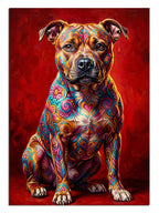 Kırmızı zemin üzerinde renkli desenli pitbull köpek portresi tablo.