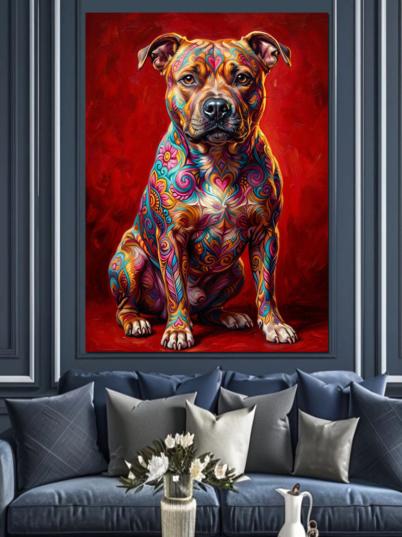 Renkli Desenli Pitbull Köpek Kırmızı Zemin Kanvas Tablo