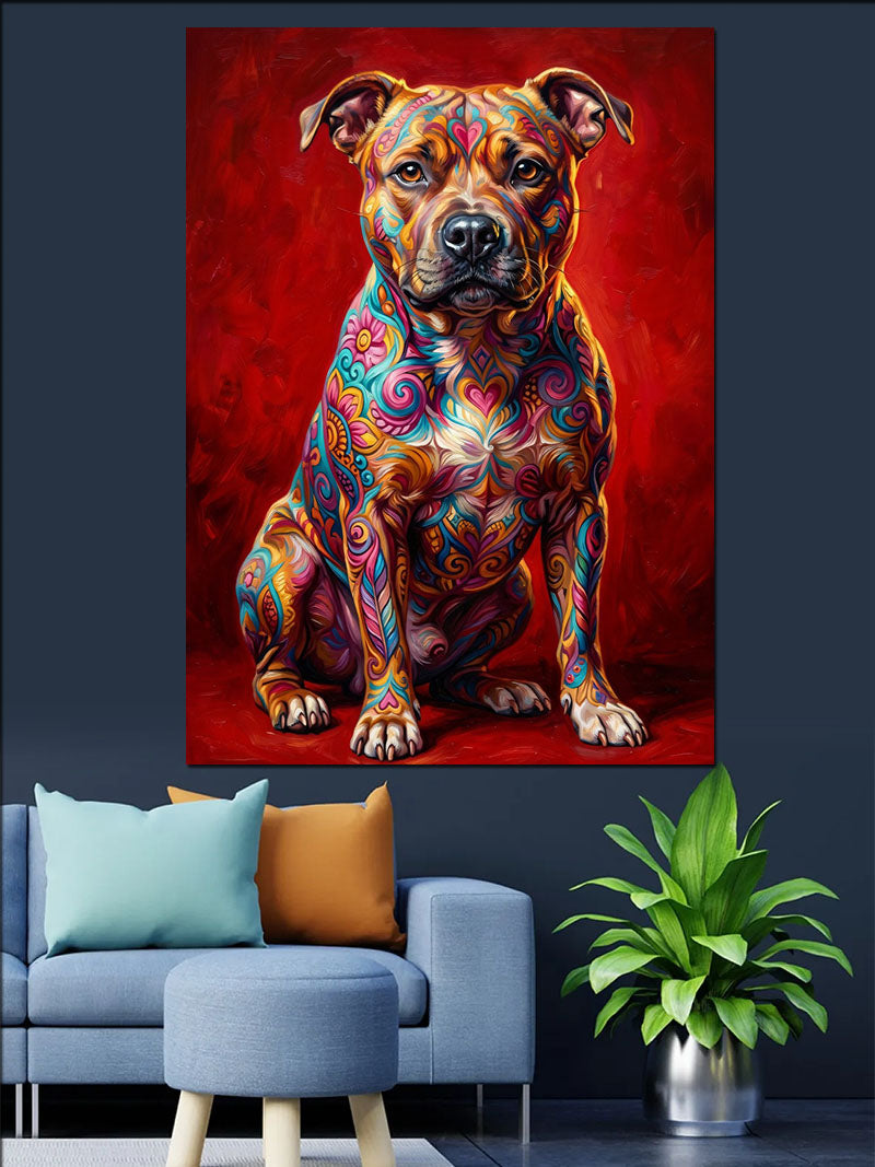 Renkli Desenli Pitbull Köpek Kırmızı Zemin Kanvas Tablo