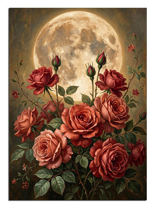 Dolunay altında kırmızı güller buketi romantik gece tablosu.