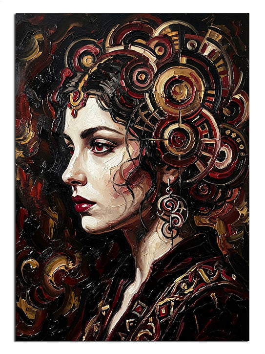 Dişli ve mekanik başlıklı steampunk kadın portresi tablo.