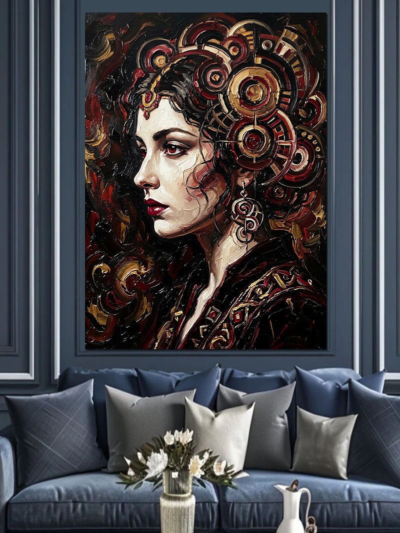 Dişlili Steampunk Kadın Portresi Mekanik Kanvas Tablo