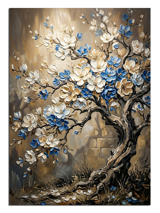 Bej zeminde mavi beyaz çiçekli bonsai ağacı lüks tablo.