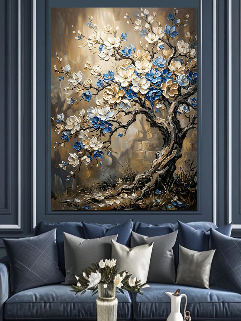 Mavi Beyaz Çiçekli Bonsai Ağacı Tablo Kanvas Tablo