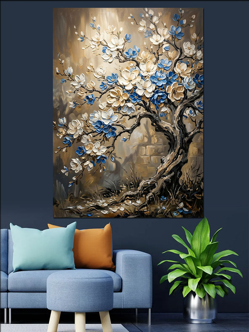 Mavi Beyaz Çiçekli Bonsai Ağacı Tablo Kanvas Tablo