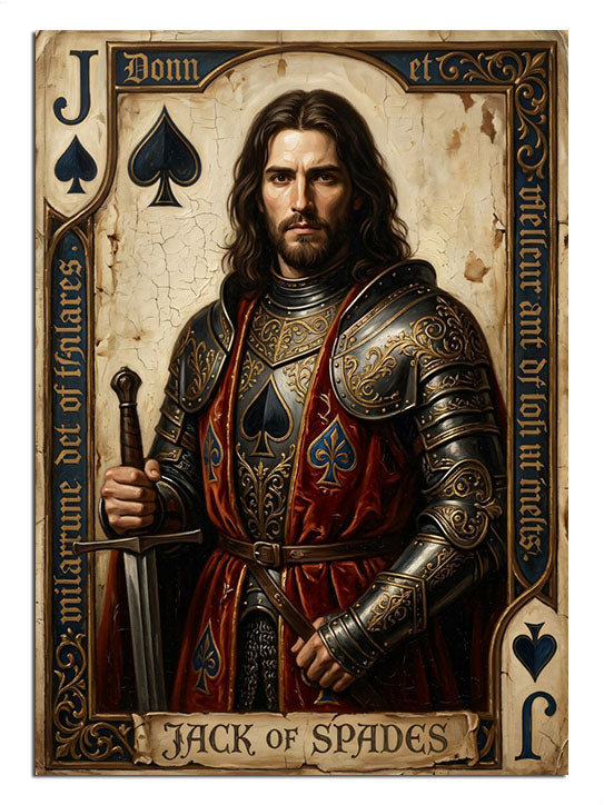 Maça Valesi Jack of Spades zırhlı sakallı savaşçı iskambil kartı tablosu.