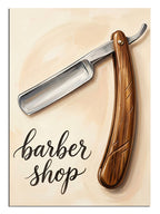 Barber Shop yazılı ahşap saplı ustura berber tabelası tablo.
