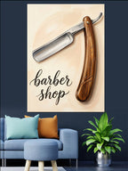 Ahşap Saplı Ustura Barber Shop Tabelası Kanvas Tablo