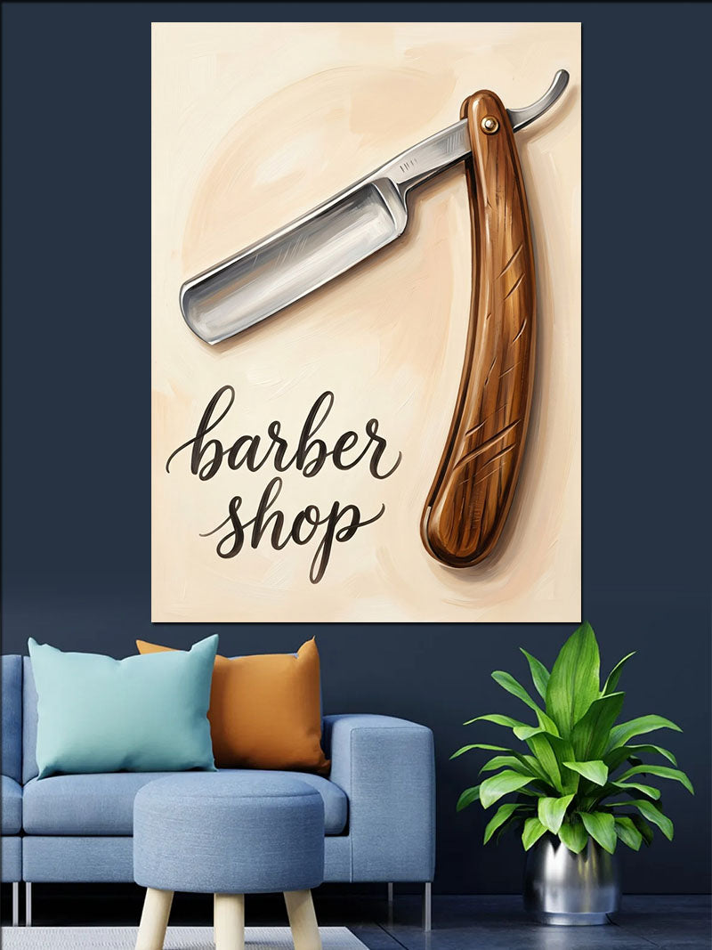 Ahşap Saplı Ustura Barber Shop Tabelası Kanvas Tablo