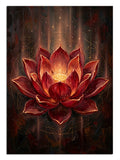 Karanlık zeminde ışıklı kırmızı lotus çiçeği mistik tablo.