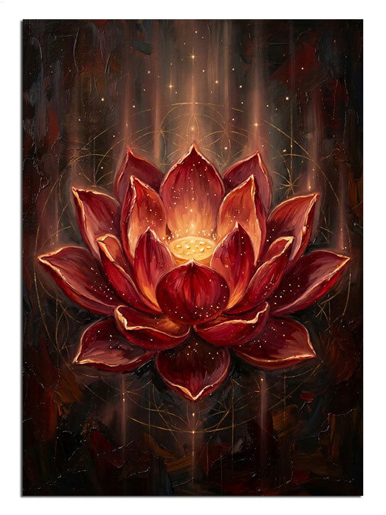 Karanlık zeminde ışıklı kırmızı lotus çiçeği mistik tablo.