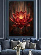 Işıklı Kırmızı Lotus Çiçeği Gece Kanvas Tablo