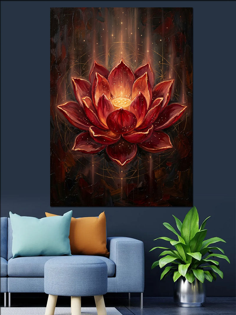 Işıklı Kırmızı Lotus Çiçeği Gece Kanvas Tablo