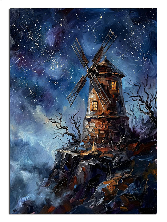 Yıldızlı gece ve kayalıkta yel değirmeni manzara tablosu.