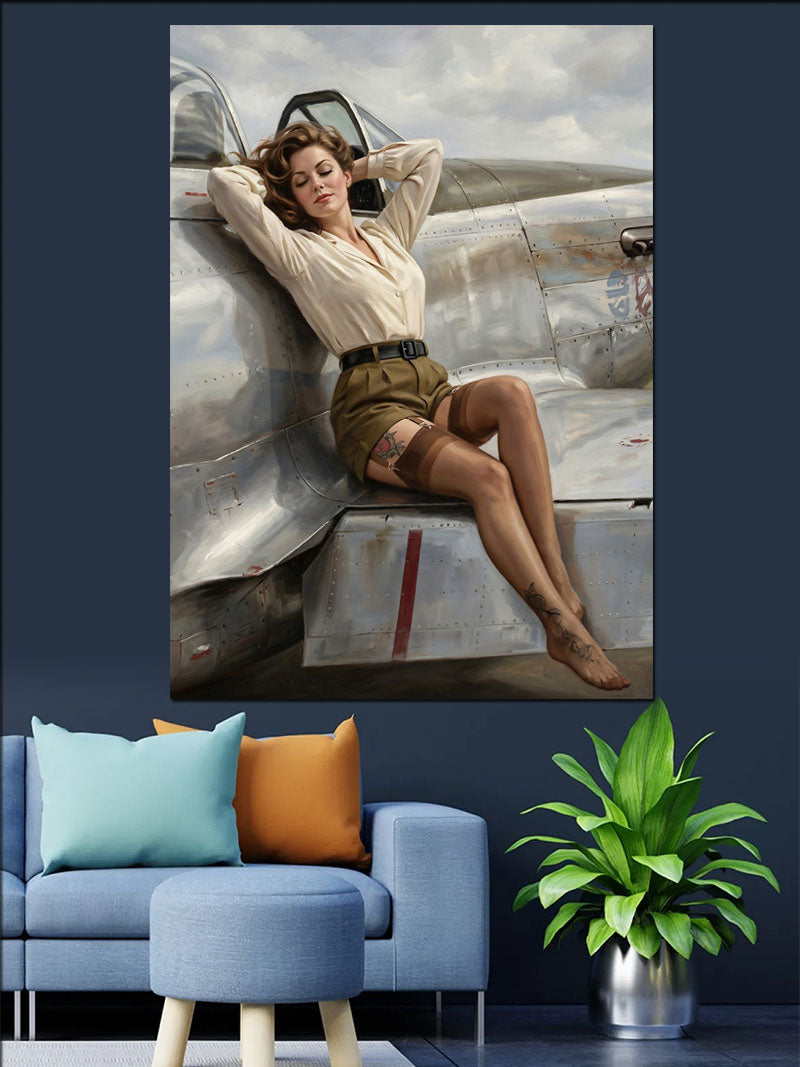 Uçak Kanadında Uzanan Pin-Up Kadın Kanvas Tablo