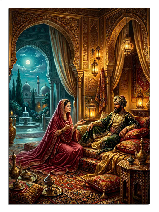 Altın sarayda sohbet eden Osmanlı Sultan ve kadın harem sahnesi tablosu.