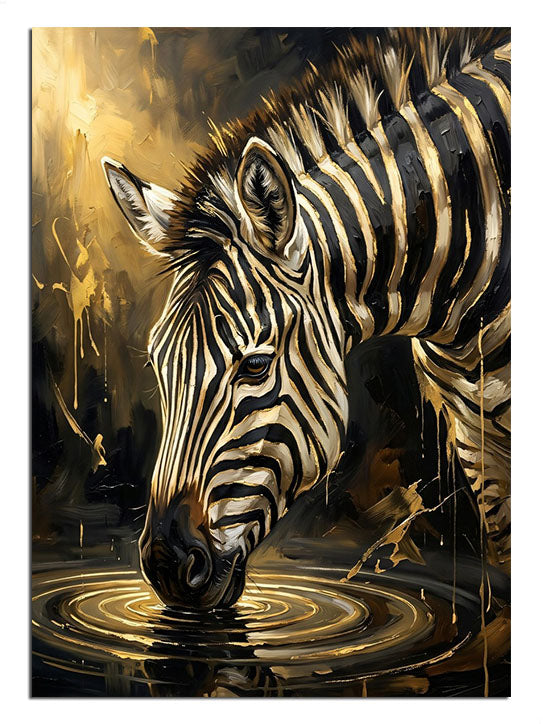 Suda yansıması ile su içen zebra hayvan tablosu.