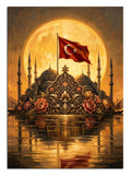 Dolunay altında Türk bayraklı cami ve göl yansıması İstanbul manzarası tablo.