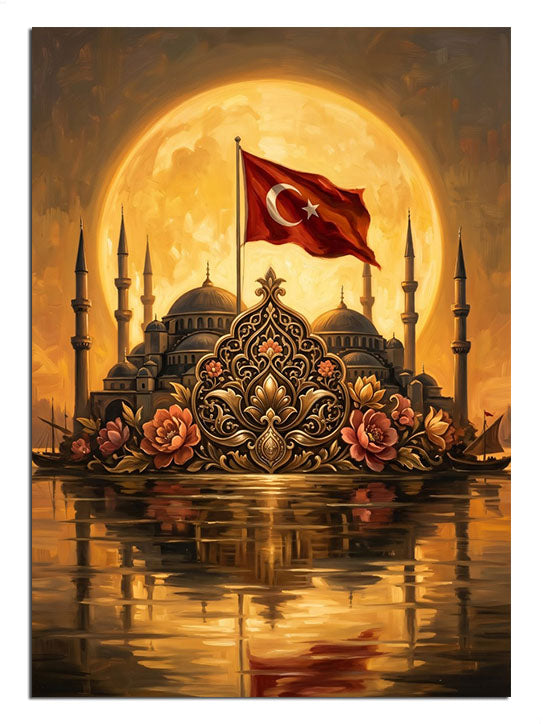 Dolunay altında Türk bayraklı cami ve göl yansıması İstanbul manzarası tablo.