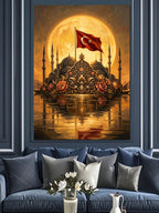 Türk Bayraklı Cami Ve Dolunay Manzarası Kanvas Tablo