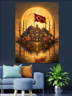 Türk Bayraklı Cami Ve Dolunay Manzarası Kanvas Tablo
