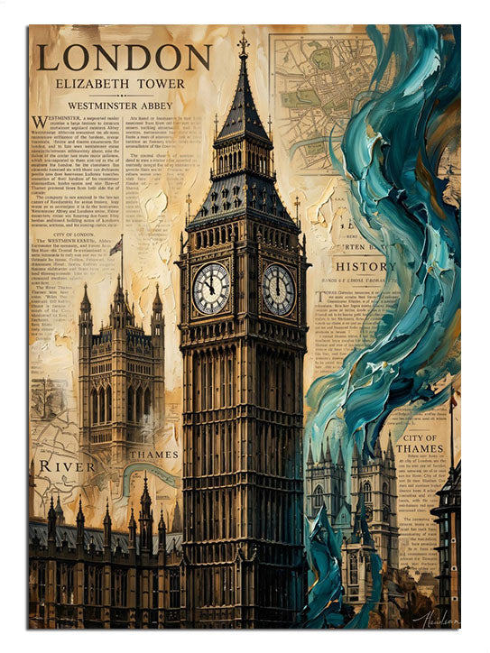 London yazılı Big Ben ve harita vintage seyahat posteri tablo.