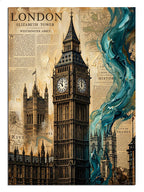 London yazılı Big Ben ve harita vintage seyahat posteri tablo.
