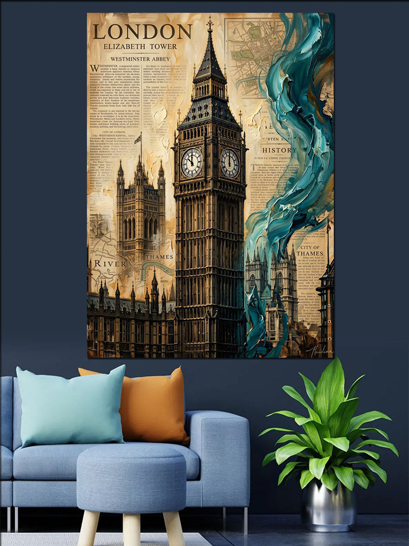 Big Ben Ve Harita Londra Posteri Kanvas Tablo