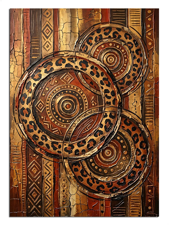 Etnik kilim desenli üç dairesel motif tablosu.