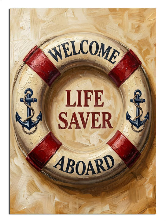WELCOME LIFE SAVER ABOARD yazılı can simidi tabela tablosu.