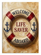 WELCOME LIFE SAVER ABOARD yazılı can simidi tabela tablosu.