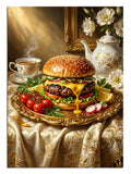 Çay ve domateslerle altın tepside hamburger sunumu tablosu.