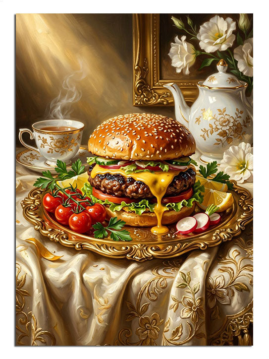 Çay ve domateslerle altın tepside hamburger sunumu tablosu.