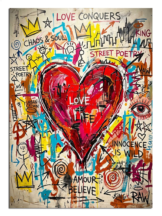 Grafiti yazılı duvar üzerinde kırmızı kalp ve LOVE IS LIFE yazısı tablosu.