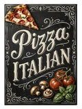 Siyah fonda Pizza Italian yazılı pizza dilimi ve sebzeler afişi tablosu.