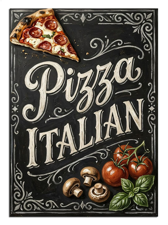 Siyah fonda Pizza Italian yazılı pizza dilimi ve sebzeler afişi tablosu.
