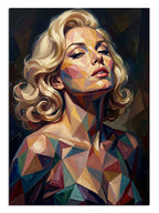 Geometrik renkli üçgen desenli Marilyn Monroe portresi tablosu.