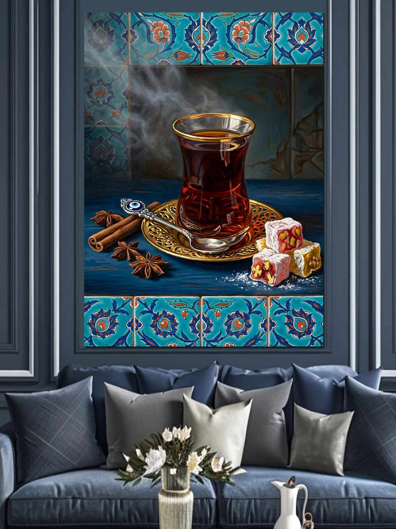 Çini Desenli Çay Bardağı Keyfi Kanvas Tablo
